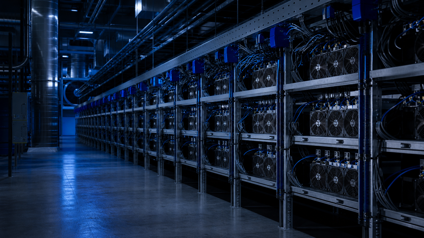 Rows of purpose-built Scrypt mining machines in an industrial facility